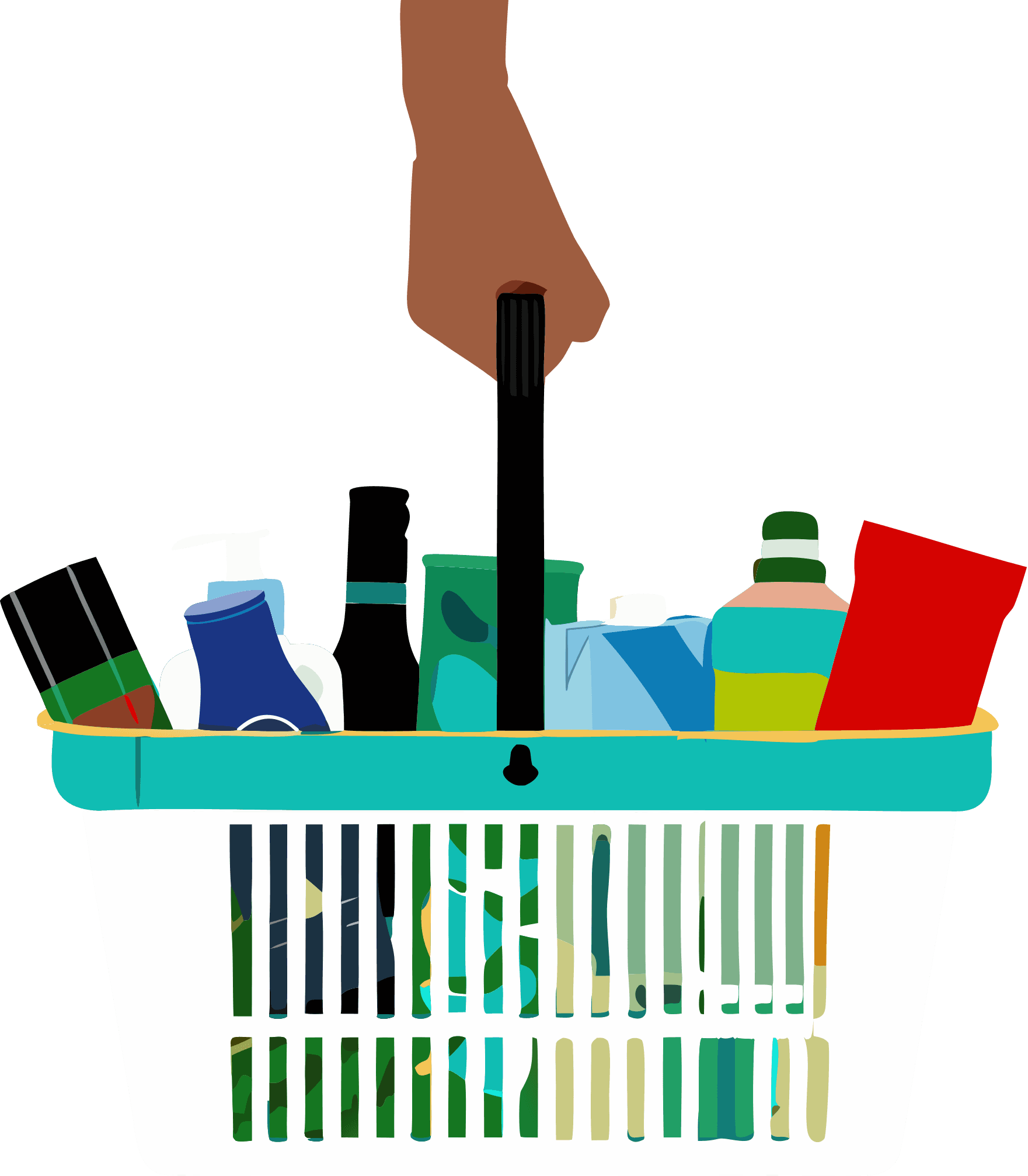 A hand holding a shopping basket filled with everyday goods