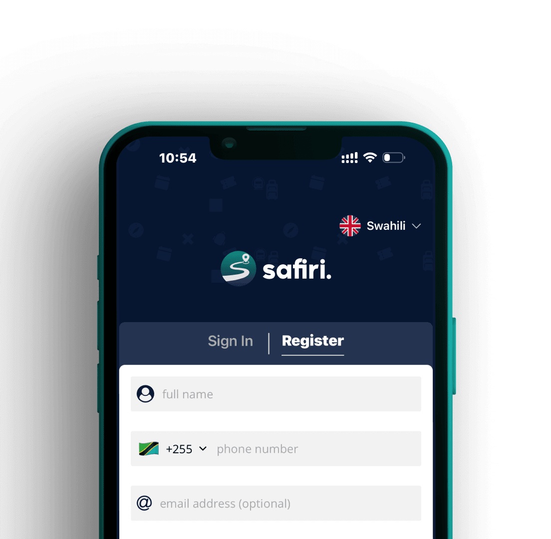 Safiri app registration screen